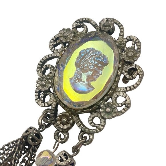 Iridescent Glass Cameo Brooch Intaglio Tassel Dangle Silver Tone Filigree AB Pin - Picture 2 of 13